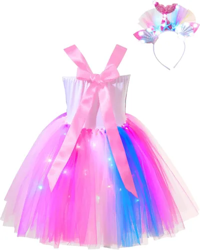 Vista 2 de CHICTRY Disfraz de sirena para niños y niñas, vestido de tutú de sirena con luz LED, vestido de Halloween para festival, cosplay, vestido de fantasía
