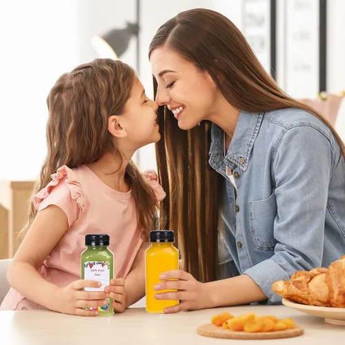 Vista 7 de SUPERLELE 12 botellas de plástico de 8 onzas con tapas, recipientes transparentes reutilizables para jugo con etiquetas, embudo y cepillo