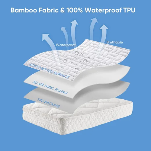 Vista 4 de Protector de colchón de viscosa de bambú de alta calidad, impermeable, sin vinilo, protector de colchón de tela de aire 3D, suave, transpirable, sin