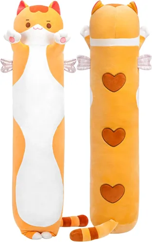 Vista 18 de Mewaii Peluche de gato largo, 5 tamaños, 120% relleno extra, almohada gigante para el cuerpo de los niños, lindo peluche Kawaii de ojos grandes