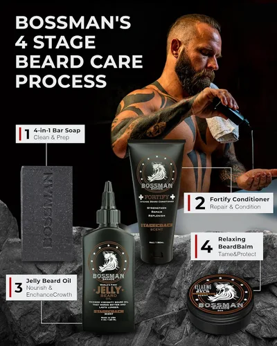 Vista 6 de Bossman Essentials Kit de barba para hombres, juego de 3, gelatina de aceite para barba, crema acondicionador fortificante, bálsamo para barba
