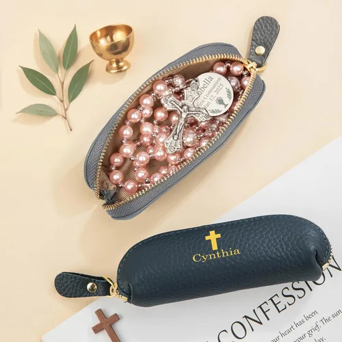 Vista 2 de BYFDIY Estuche de rosario personalizado con cremallera de cuero con nombre personalizado, bolsa de rosario de cruz, soporte de rosario de viaje