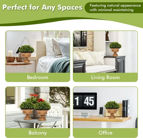 Vista 2 de Goplus Paquete de 4 árboles topiarios artificiales de boj, mini plantas de vegetación falsas, pequeñas plantas decorativas de imitación, plantas