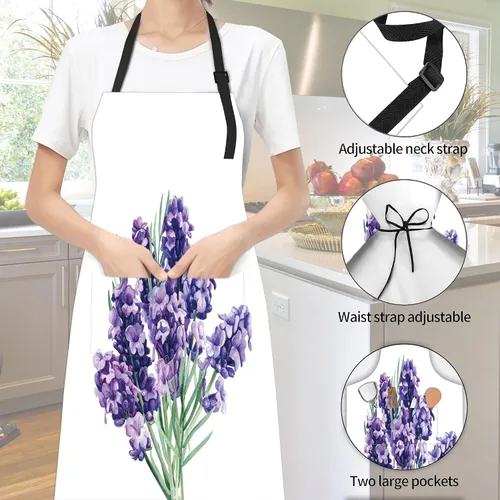Vista 2 de Delantal de ramo de lavanda, regalos para mujeres, delantal con cuello ajustable, impermeable, para mujeres y hombres, regalos para el hogar