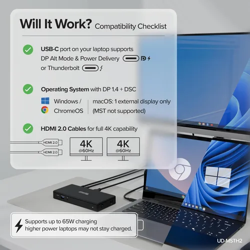 Vista 5 de Estación de acoplamiento USB-C Plugable Dual 4K 60Hz HDMI, carga de 65W, Gigabit Ethernet, 1x USB-C 5Gbps, 3X USB-A, Audio, Windows/ChromeOS