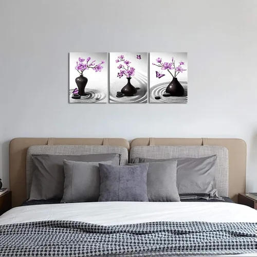Vista 4 de Kalormore Zen Sand Canvas Wall Art Purple Magnolia Flores en Jarrón Negro Pintura Abstracta Floral Estampados Decoración Arte Contemporáneo
