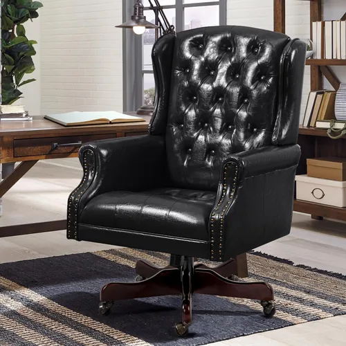 Vista 12 de ECOTOUGE Silla de escritorio ejecutiva mejorada 2026, silla de oficina en casa con respaldo de alas de cuero con ribete de cabeza de clavos y Azul