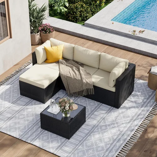 Vista 2 de Aoxun Juego de muebles de patio de 5 piezas, sofás seccionales para exteriores con cojín lavable, juegos de conversación de mimbre para patio Beige