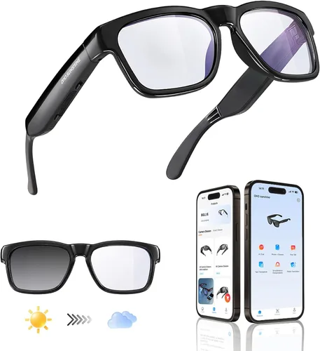 Vista 7 de OhO gafas inteligentes, gafas de sol polarizadas con altavoz Bluetooth, protección UV para atletismo/aire libre y control de voz, unisex (lente gris)