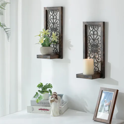 Vista 5 de Juego de 2 candelabros de pared con diseño de desplazamiento Portavelas de pared envejecida de madera tallada, sostiene velas de pilar o jarrones