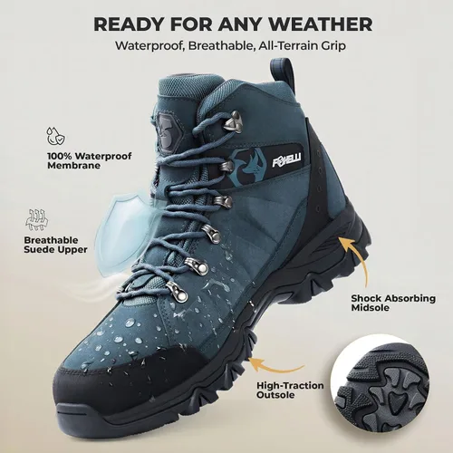 Vista 3 de Botas de senderismo Foxelli para hombre – Botas de cuero de ante impermeables, transpirables y ligeras para hombre Azul