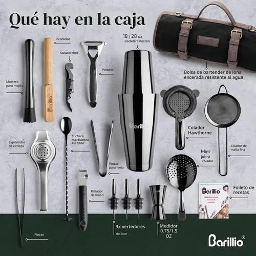 Vista 2 de Barillio Bolsa de Kit de Barman con Juego de Coctelera Negra – Lona Encerada, Bolsa de Herramientas de Bar de Viaje con Kit de Cóctel de 17 Piezas