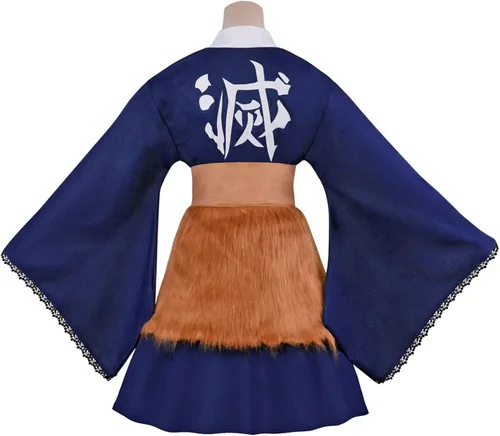Vista 4 de DELIHOM Anime Hashibira Inosuke - Vestido kimono para mujer disfraz de cosplay con falda de felpa bata Inosuke para adultos
