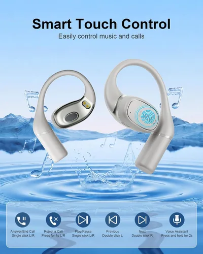 Vista 4 de Auriculares de oreja abierta, auriculares inalámbricos Bluetooth con 2 micrófonos, control táctil, cancelación de ruido ENC, auriculares deportivos