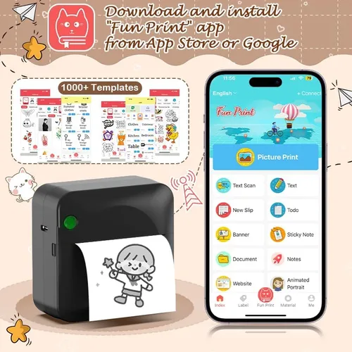 Vista 3 de HuiJuKeJi Mini impresora térmica sin tinta, impresora inteligente de bolsillo Bluetooth con 1 rollo de papel térmico para iOS y Android, impresora
