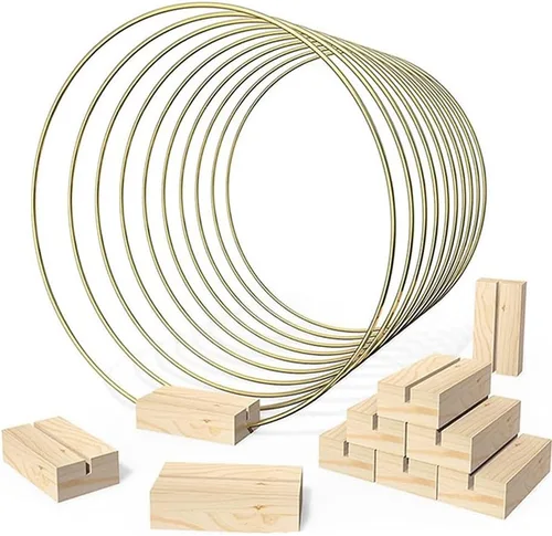 Vista 8 de 10 piezas de centro de mesa de aro floral de metal, anillo de corona dorada de 12 pulgadas con 10 soportes de madera, centro de mesa, decoración