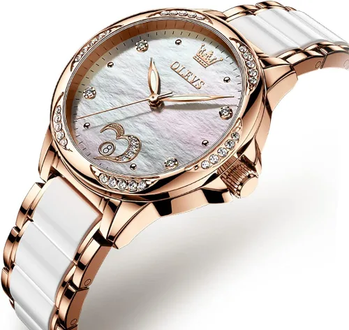 Vista 9 de OLEVS Relojes de oro rosa para mujer, relojes automáticos con pulsera de cerámica de acero inoxidable de dos tonos, relojes de cuerda automática