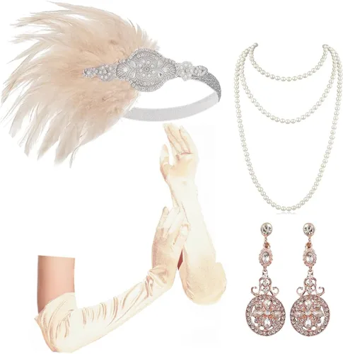 Vista 12 de Cizoe (aa) - Juego de accesorios de estilo Gatsby de la década de 1920, para mujer, diadema de estilo flapper, tocado, collar, guantes