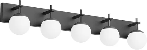 Vista 15 de Ralbay Lámpara de pared de baño negra mate, 2 luces, iluminación moderna de mediados de siglo, luz de tocador de globo de vidrio lechoso negro