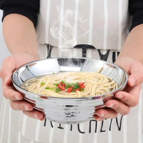 Vista 3 de Juego de tazones de sopa de fideos japoneses para ramen, 2 juegos (8 pulgadas) plateados de doble capa de acero inoxidable 18/8 con palillos