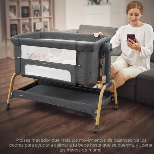 Vista 7 de ANGELBLISS Cuna de bebé 3 en 1, Cunas mecedoras para dormir al lado de la cama con colchón cómodo y ruedas, 6 alturas ajustables, plegable fácil