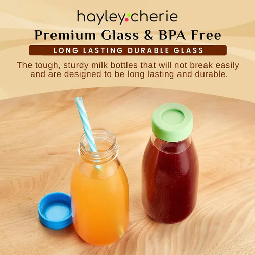 Vista 7 de Botellas de leche de vidrio de 10 onzas con tapas y popotes (paquete de 9) pequeños vasos herméticos con tapas, botellas reutilizables para jugos