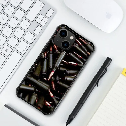 Vista 5 de ZHEGAILIAN Funda compatible con iPhone 14, funda de munición AK 47, parte trasera de vidrio templado+funda protectora de TPU de silicona suave