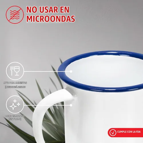 Vista 3 de Red Co. Juego de 6 tazas de café y té redondas de metal esmaltado de 5 onzas con asa, borde blanco sólido y azul marino