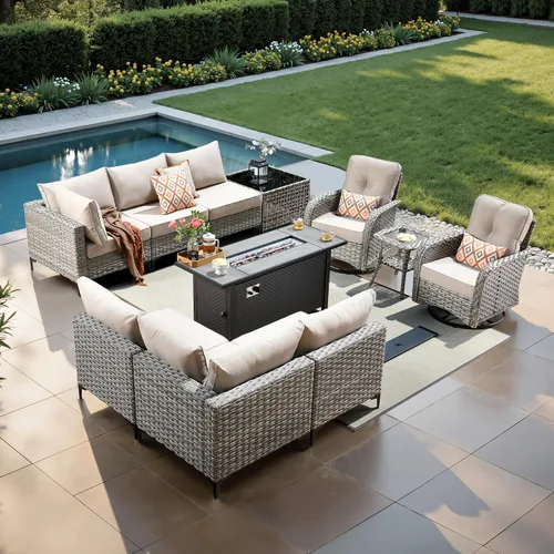 Vista 55 de ovios Muebles de patio de 8 piezas con hoguera, juego de conversación de mimbre de ratán para exteriores con mesa de centro brillante, cómodo sofá