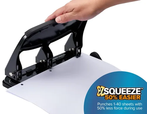 Vista 2 de Bostitch EZ Squeeze - Perforadora resistente de 3 agujeros, capacidad de 40 Negro