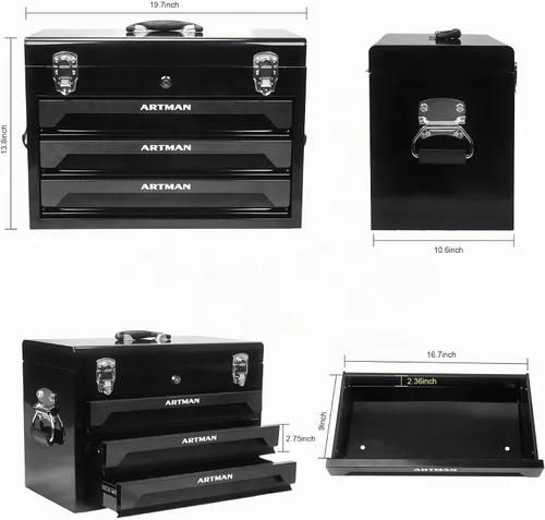 Vista 3 de pouseayar Juego de herramientas y caja de herramientas mecánicas con mango y caja de metal resistente de 3 cajones, kits de herramientas de 339 Negro