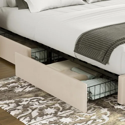 Vista 4 de VECELO Base de cama tapizada de tamaño matrimonial con 4 cajones y cabecero, plataforma de terciopelo, soporte de listones de madera, no necesita