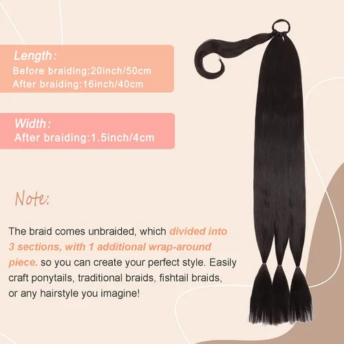 Vista 3 de Extensiones de cola de caballo trenzada de 20 pulgadas de largo para mujer, extensiones de cabello lacio envolvente con banda para el cabello, cola