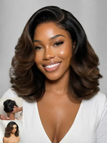 Vista 27 de Nadula Peluca Precortada 13x4 HD Ondas Sueltas Castaño Ombré Marrón con Cordón Cabello Humano con Flequillo Face Framing, Peluca Frontal de Encaje