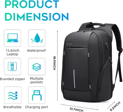 Vista 4 de Mochila de viaje BANGE, mochila antirrobo para laptop, compatible con portátiles de 15.6 pulgadas, Negro, Mediana, Computadora portátil