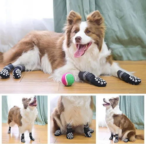 Vista 5 de BINGPET 6 calcetines para perros para evitar lamer patas con agarres para suelos de madera dura, antideslizantes, zapatos de invierno para mascotas