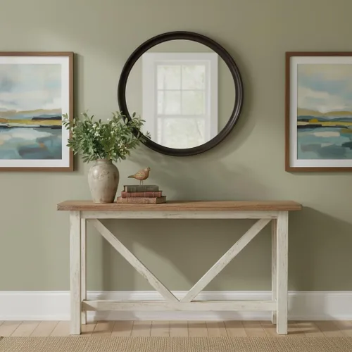 Vista 4 de Espejos redondos de 24 pulgadas, espejo de pared rústico decorativo de transición de nogal oscuro con grano de madera para baño, espejo de tocador