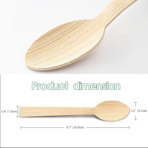 Vista 2 de Utensilios desechables de bambú, 200 cucharas de bambú para comer, 100% compostables, ecológicos, biodegradables, renovables, cubiertos naturales