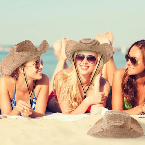 Vista 6 de JaGely 12 sombreros de vaquero de paja para mujeres y hombres, sombrero de verano de ala ancha, protección solar a granel para fiestas temáticas