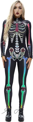 Vista 24 de Disfraz de esqueleto de calavera para Halloween para mujer, overol elástico y ajustado Skull Skeleton Costume Jumpsuits Stretch Skinny Catsuit