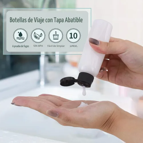 Vista 2 de Botellas de viaje de 2 onzas, plástico transparente para apretar, 10