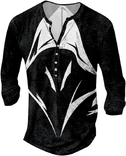 Vista 15 de MARSVOVO Camisetas Henley para hombre, camisetas gráficas artísticas, cuello en V, sin cuello, manga larga, casual, ajustadas, camisas
