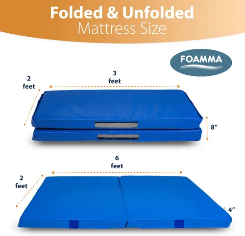 Vista 2 de Foamma Colchoneta de gimnasia – 4 pulgadas x 2 pies x 6 pies, almohadilla de aterrizaje plegable azul para niños y adultos, de alta densidad e