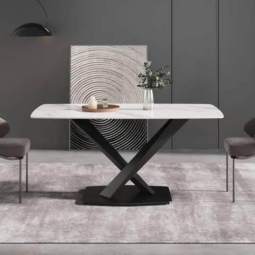 Vista 7 de Mesa de comedor moderna, mesa de comedor de piedra sinterizada blanca con base de acero al carbono sólido en forma de X, mesa de comedor rectangular