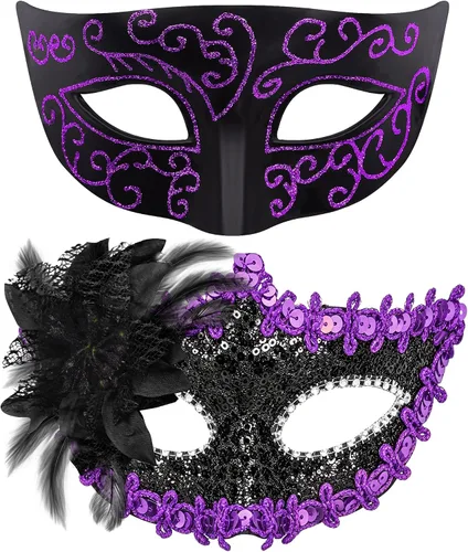 Vista 10 de Juego de Máscaras para Pareja de SIQUK, Máscara de Fiesta Veneciana, Máscara de Disfraz