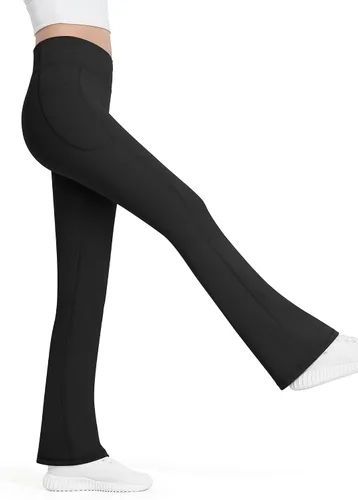 Vista 3 de HASMES Leggings acampanados para niñas con bolsillos, parte inferior acampanada, cintura alta, pantalones de yoga para danza, ropa deportiva