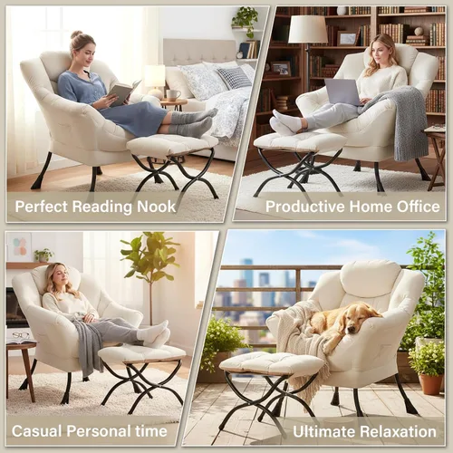 Vista 6 de Silla perezosa con otomana, silla de descanso moderna y grande con reposabrazos y bolsillo lateral, sillón tapizado de ocio con silla de lectura