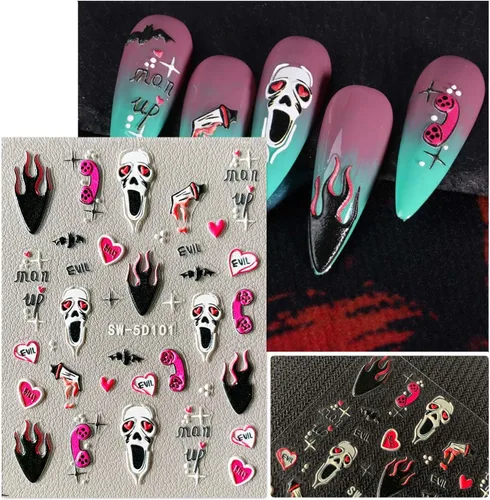 Vista 7 de Calcomanías de uñas de Halloween con diseños atractivos, 5D en relieve autoadhesivas, calcomanías de arte de uñas de Halloween, calavera, fantasma