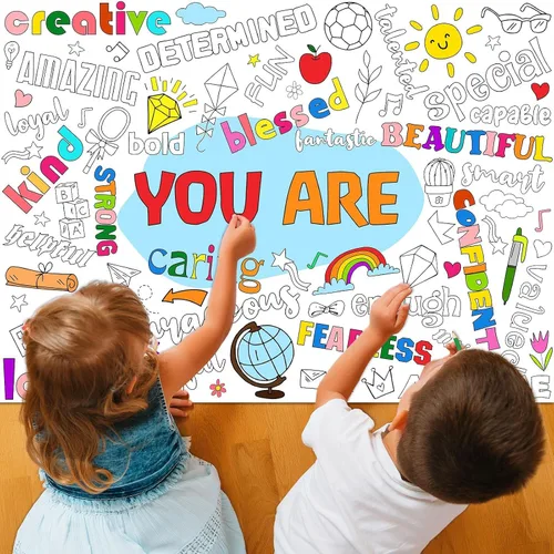 Vista 6 de Naozinebi Póster para colorear positivo para niños, póster gigante con texto en inglés "You Are Coloring", gran afirmaciones positivas, mantel