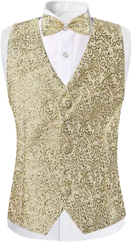 Vista 4 de SWOTGdoby Trajes ajustados para niños, 4 piezas, chaleco, chaleco, pantalones, chaqueta de lazo con bordes dorados para bodas, fiestas, bailes